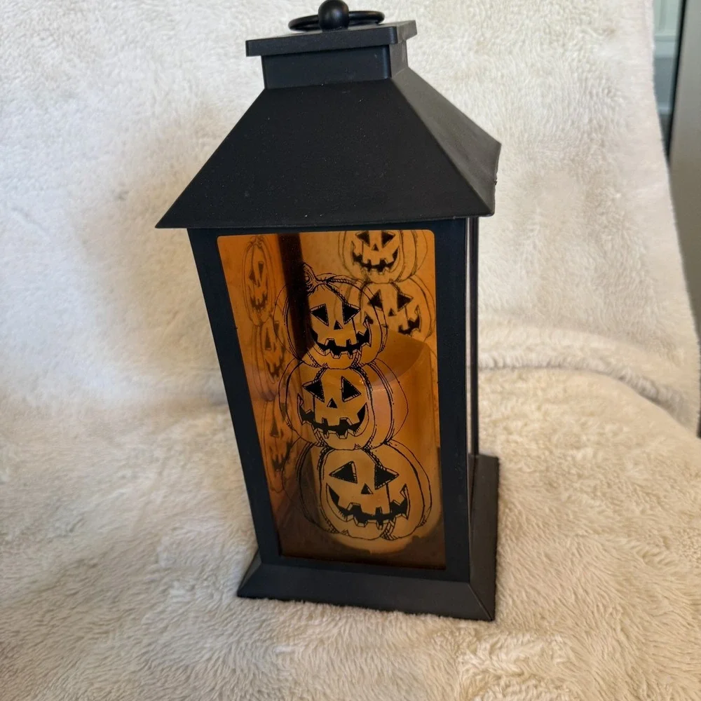 Halloween Pumpkin Lantern Battery Operated Lighted Black 11x5 Decor